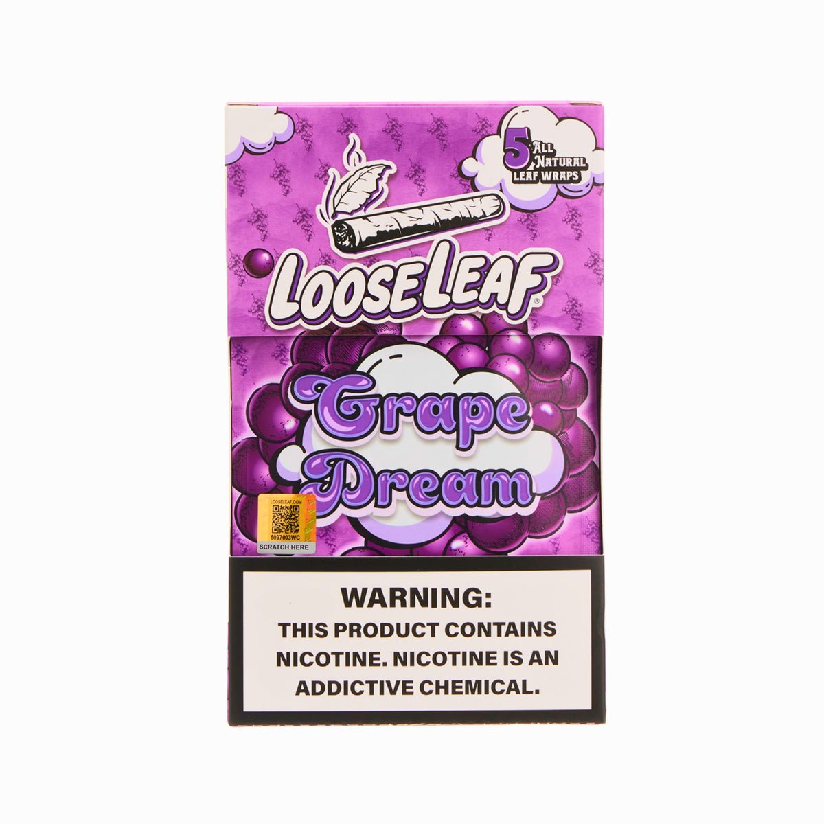Grape Dream LooseLeaf Wraps | LooseLeafBrand Grape Dream LooseLeaf Wraps packaging by LooseLeafBrand Grape flavored natural leaf wraps by LooseLeafBrand Close up of Grape Dream LooseLeaf Wraps by LooseLeafBrand